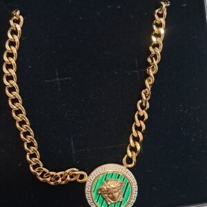 Gold Chain Necklace with Green Medallion